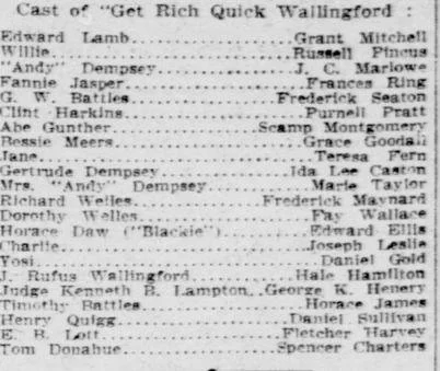 Cast of 'Get-Rick-Quick Wallingford', featuring Gold, using the stage name Daniel Gold, in the role of 'Yosi', a Japanese valet. New York Tribune, 20 September 1910. Image created by the Library of Congress. Public domain.