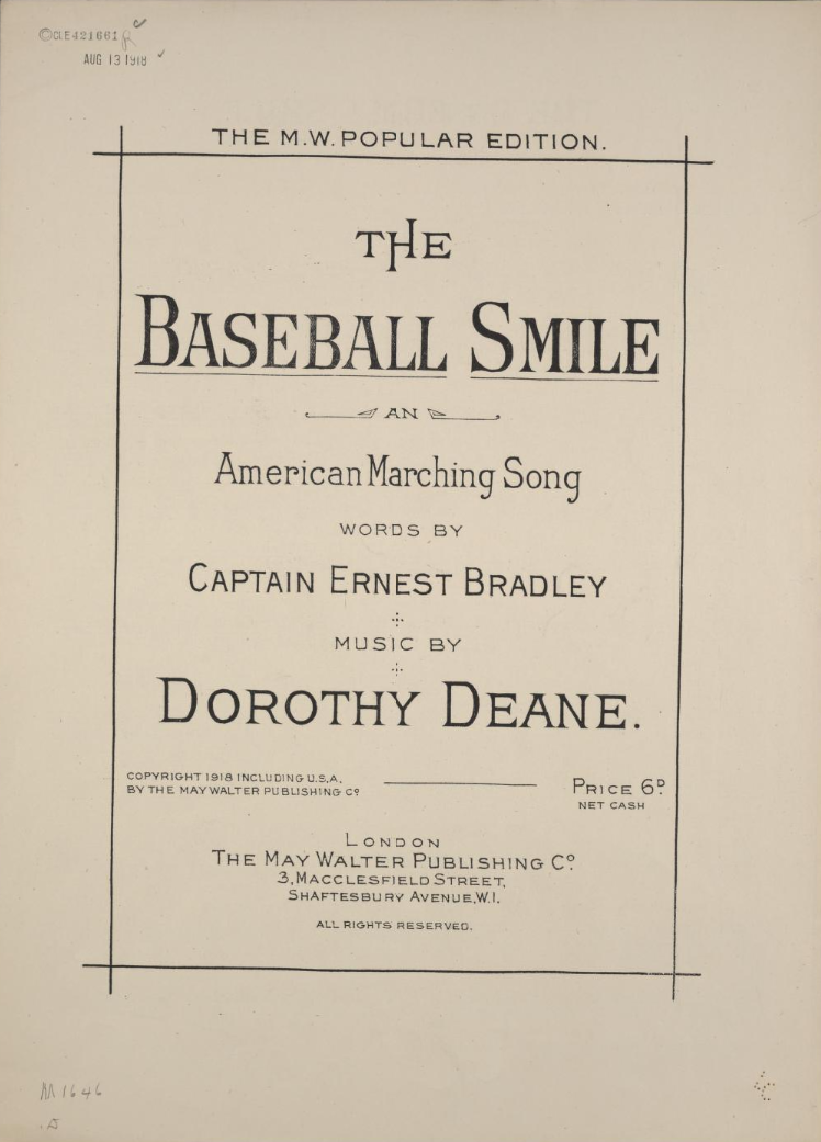 Sheet music, The Baseball Smile, 1918, by Captain Ernest Bradley and Dorothy Deane. Image created by Library of Congress. Public domain.