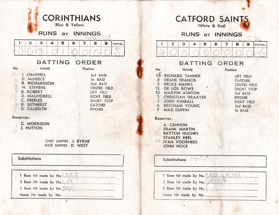 Catford Saints team list for the 1937 season, including Christian Draayer and Brigham Young V. Baseball programme, author's own collection.