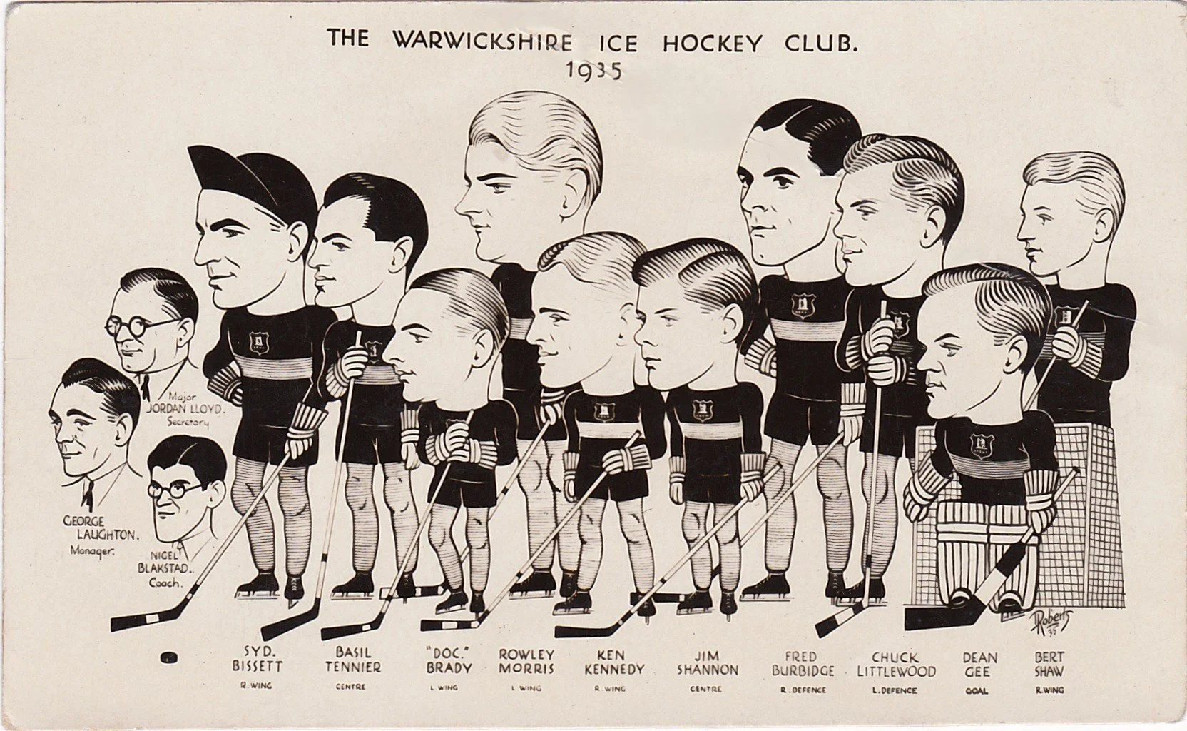 1935 Warwickshire Ice Hockey Club, featuring Sid Bissett, Basil Tennier, Jim Shannon, and Dean Gee, all of whom played baseball in the Birmingham leagues. Postcard. Author's own collection.