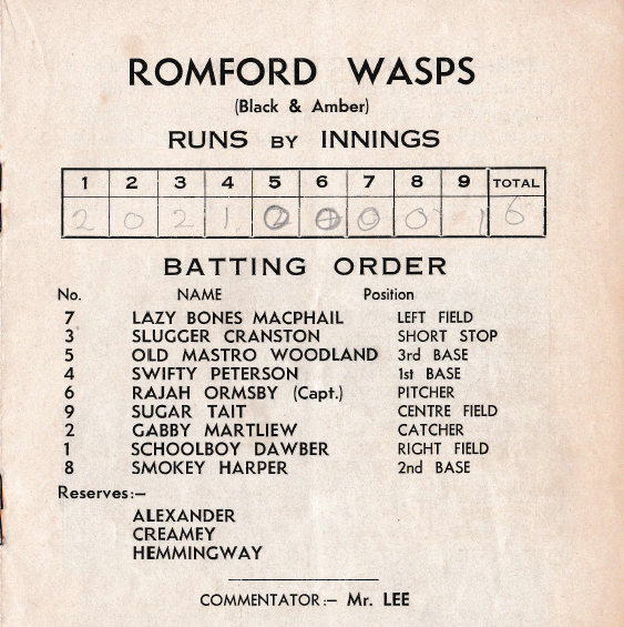 Roster, Romford Wasps Baseball Programme, 1936. Author's own collection.