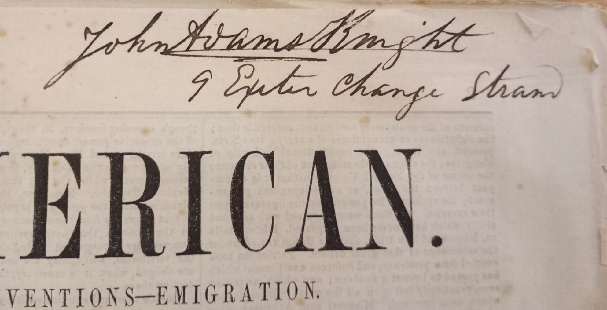 John Adams Knight's signature on the copy of the first issue of the London American held by the British Library.