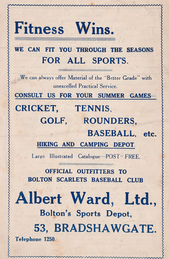 Albert Ward Ltd. baseball game programme, Oldham Greyhounds v Greenfield, 21 May 1938. Author's own copy. Public domain.