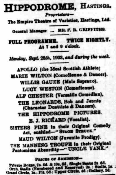 Willis Gauze in England. Bexhill-on-Sea Chronicle, 26 September 1903. Image created by the British Library Board. No known copyright.
