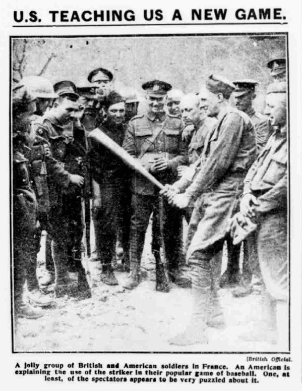 British tommies meet American baseballers. Swindon Advertiser, 6 July 1918. Image created by British Library Board. No known copyright holder.
