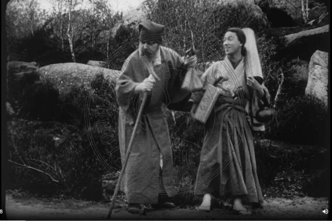 Still from Le Châtiment du Samouraï (1910), starring Udagawa (left) playing the father and Kawamura (right) playing the son.   Fondation Jérôme Seydoux-Pathé. Link in the endnotes.