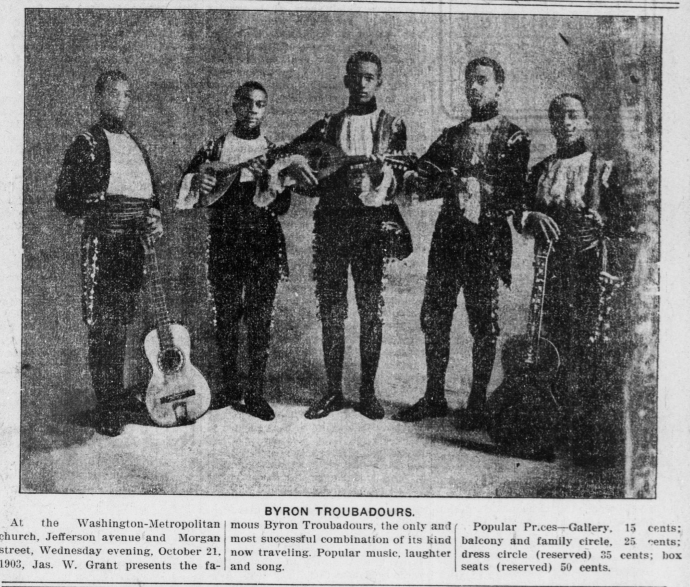 The Byron Troubadours in their original incarnation, Hawaiian Mandolin Band. St Louis Palladium, 17 October 1903. Image created by the Library of Congress. Public domain.