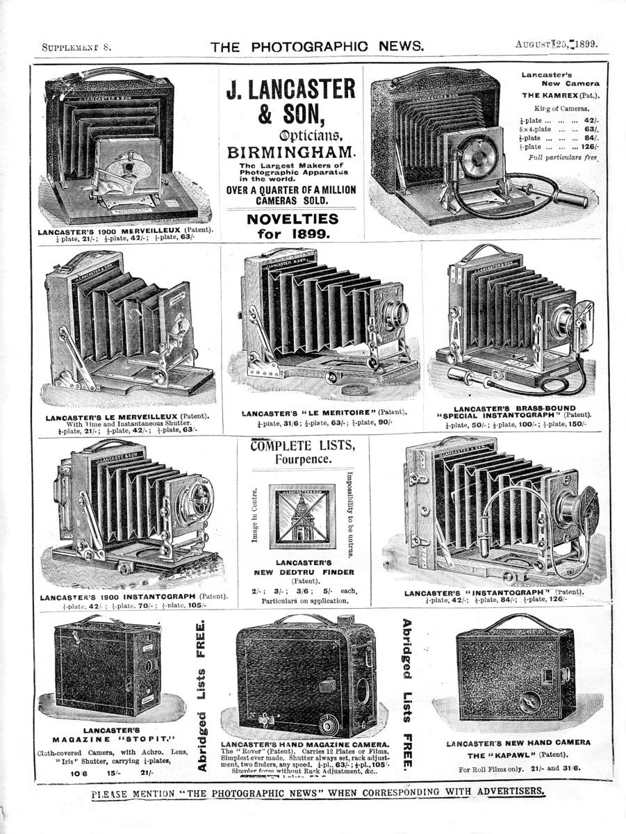 Lancaster field cameras, circa 1899. Catalogue. Public domain.