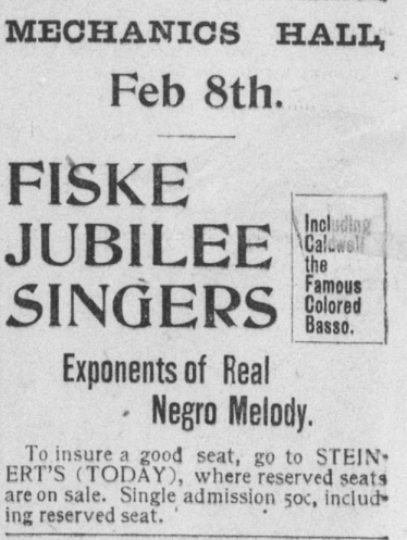 Fisk Jubilee Singers, Worcester Morning Daily Spy (Worcester, MA), 8 February 1898. Image created by the Library of Congress. Public domain. 