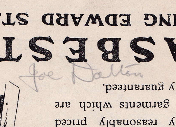 Joe Dalton's signature, 1939 Halifax baseball programme. Author's own collection.