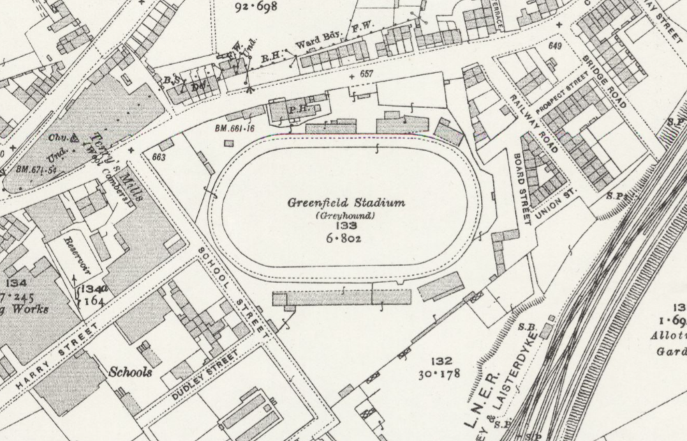 Greenfield Greyhound Stadium, Bradford. Ordnance Survey Map, 1934, accessed via National Library of Scotland: https://maps.nls.uk/os/.