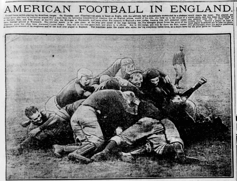 American football players of the Battleship USS Michigan at Weymouth in Dorset. Morning Leader, 22 November 1910. Image created by British Library Board. No known copyright holder.