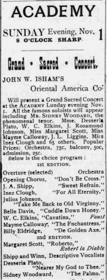 Mayme Calloway in the Oriental America touring company. Washington Bee, 31 October 1896. Image created by the Library of Congress. Public domain.