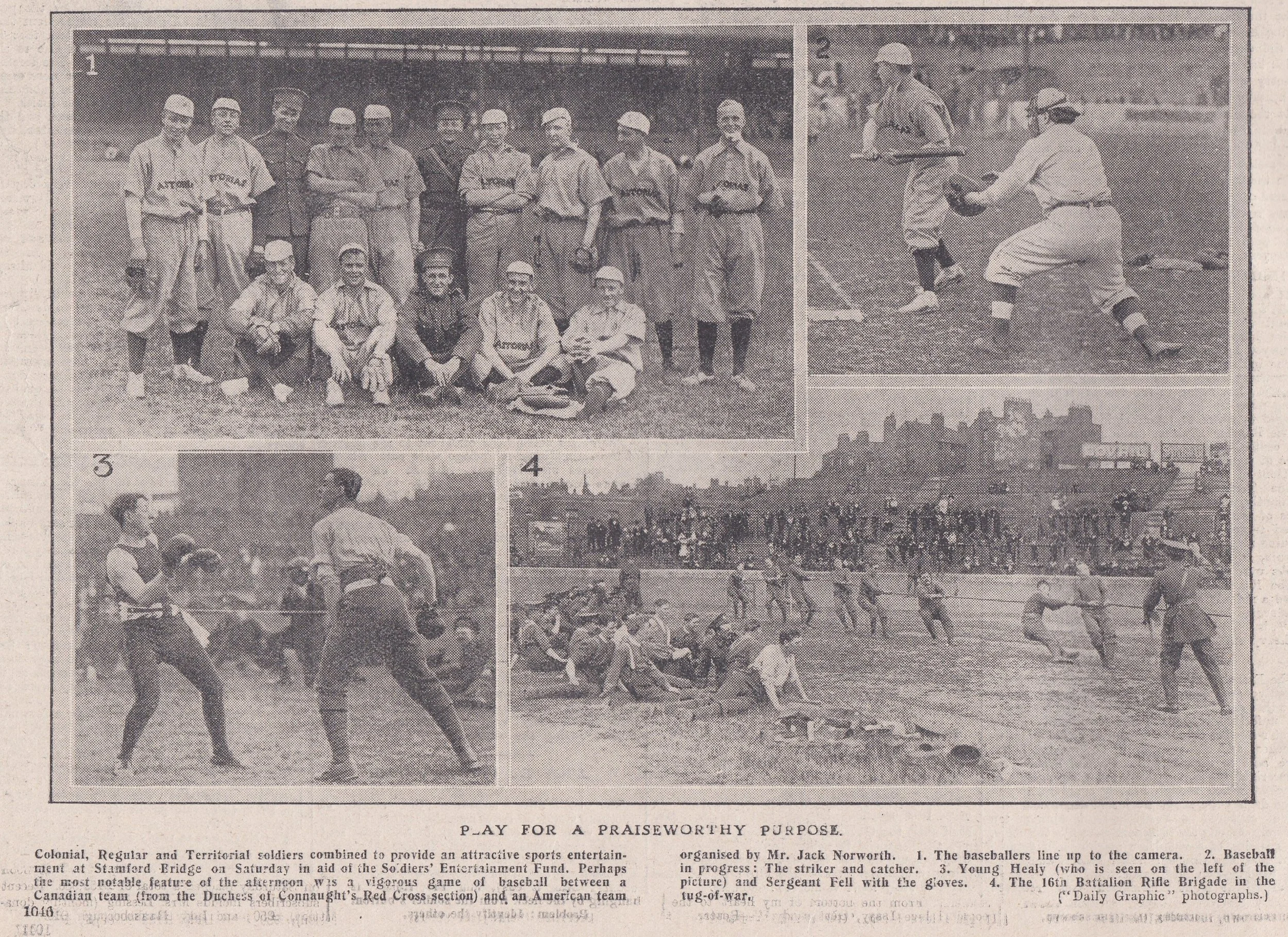 Wartime sports, including Canadian Expeditionary Force (CEF) baseball hospital league team, Astoria (later Taplow). Daily Graphic, 7 June 1915. Author's own collection.