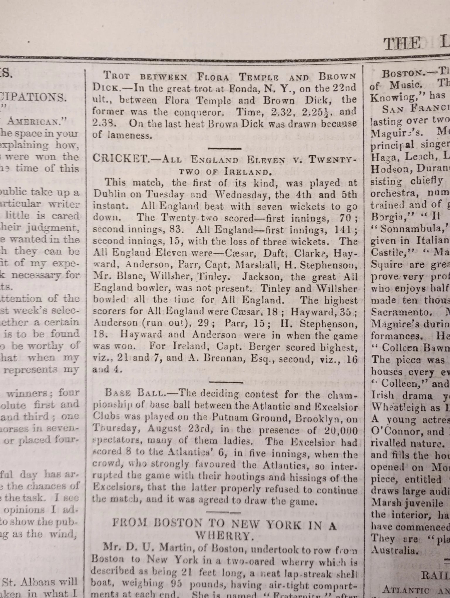 Cricket and baseball coverage, London American, 12 September 1860. Copy held by the British Library.