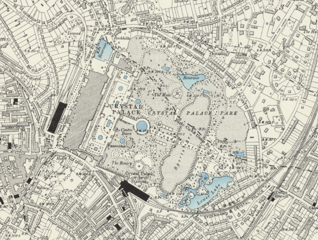 Crystal Palace Sports Arena, Sydenham, 1896 Ordnance Survey Map. Library of Scotland. https://maps.nls.uk/os/. Public domain.