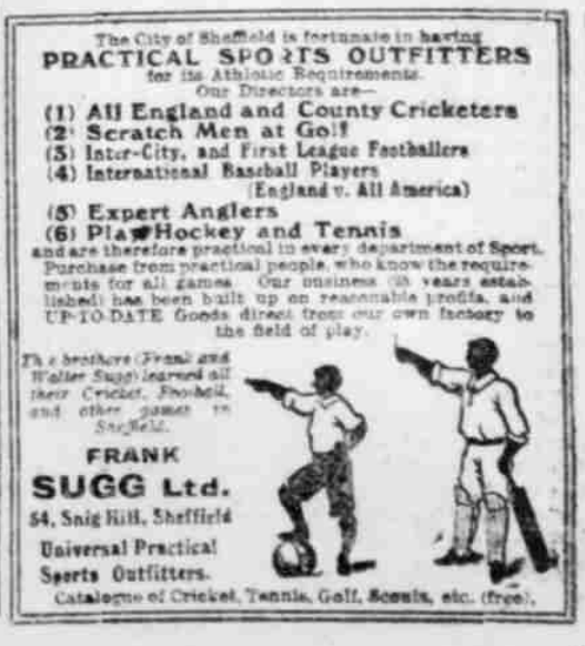 "International Baseball Players". Frank Sugg Limited Advertisement. Sheffield Independent, 13 March 1911. Image created by British Library Board. No known copyright holder.