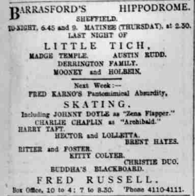 Charlie Chaplin starring in Fred Karno's Rollerr Skating sketch, 1910. Sheffield Evening Telegraph, 22 February 1910. Image created by the British Library Board. No known copyright holder.