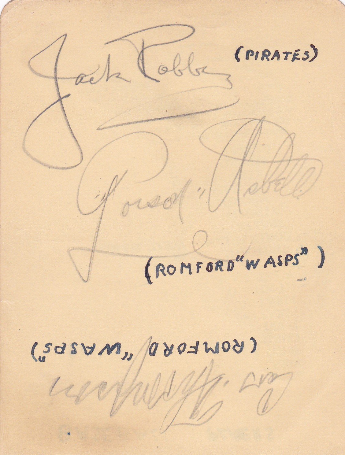 autographs, Jake 'Poison' Asbell, Gib Hutchinson (Romford Wasps), and Jack Robbins (Pirates), 1937 London Major Baseball League season. Author's own collection.