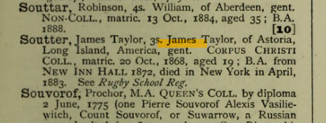 The entry for James Taylor Soutter, Alumni Oxonienses. Image created by Welcome Trust. Public domain.