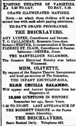 The Marvellous Salambos, Mdm. Olivette, and the Infant Encyclopaedia, Elre Cecilia Salambo, Northern Whig, 22 February 1902. Image created by the British Library Board. No known copyright holder.