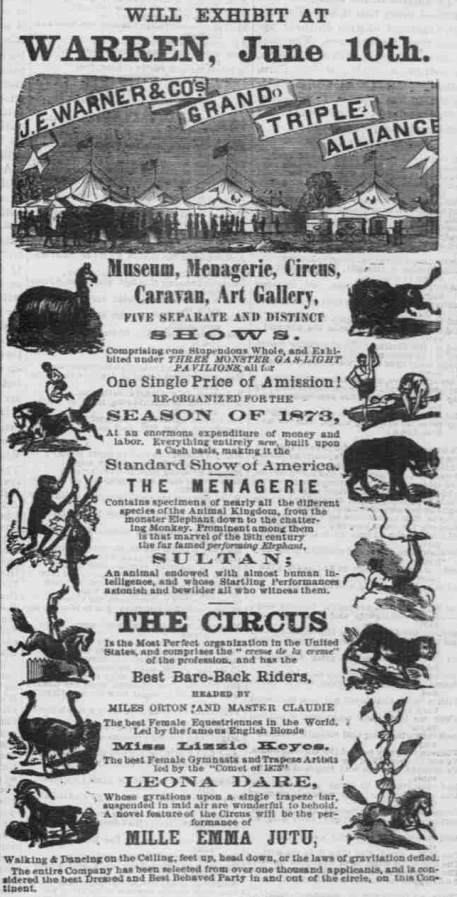 Leona Dare on the bill of Joel Warner's Circus. Western Reserve Chronicle, 4 June 1873. Image created by Library of Congress. Public domain.