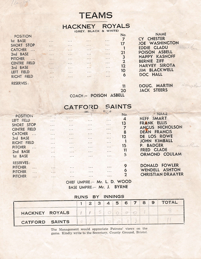 Joe Washington playing for the Hackney Saints in an August 1936 exhibition game in Bristol. Programme. Author's own collection.