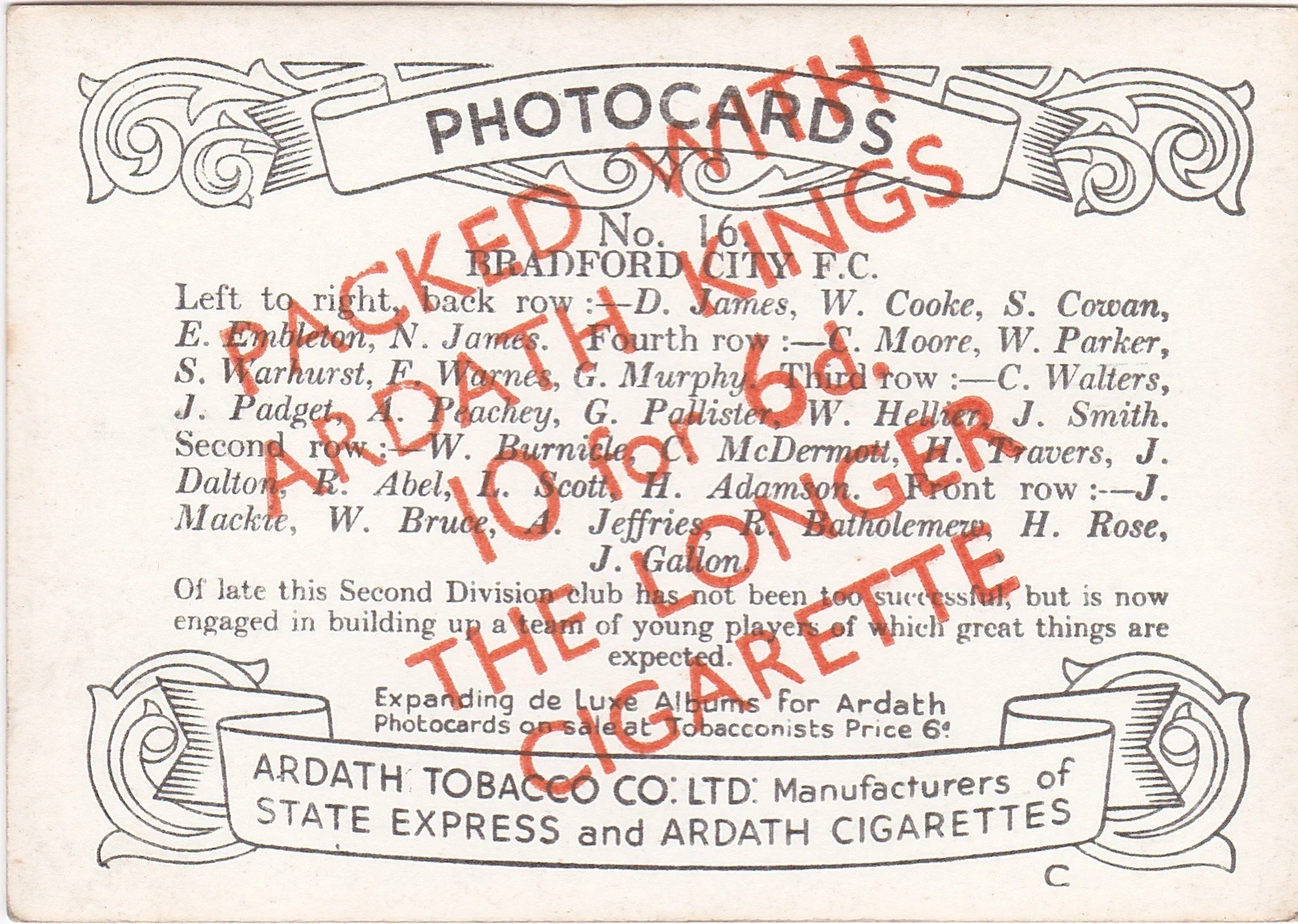  Ardath Photo Card (Yorkshire teams series, No. 16). Author's own collection.