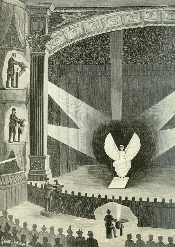 The stage lighting Loïe Fuller designed for her serpentine dance. Albert A. Hopkins and Henry Ridgely Evans, “The Skirt Dance” in “Magic: Stage Illusions and Scientific Diversions, Including Trick Photography” (London: Sampson, Low, Marston and Compa