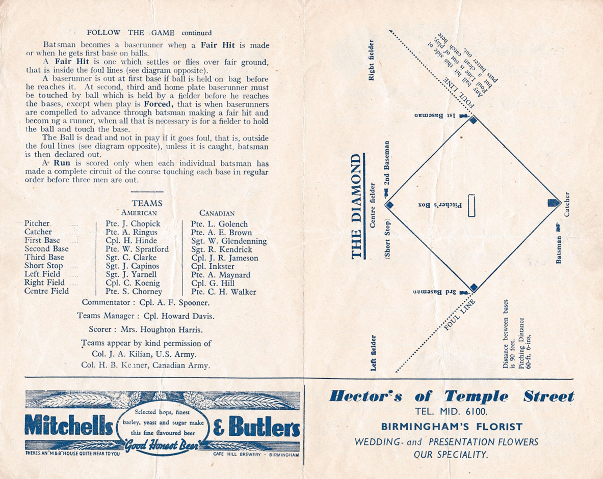 "By Kind Permission...". 10th Repple Depple baseball team versus a team from the Canadian Army, Birmingham, 29 May 1944. Programme. Author's own collection.