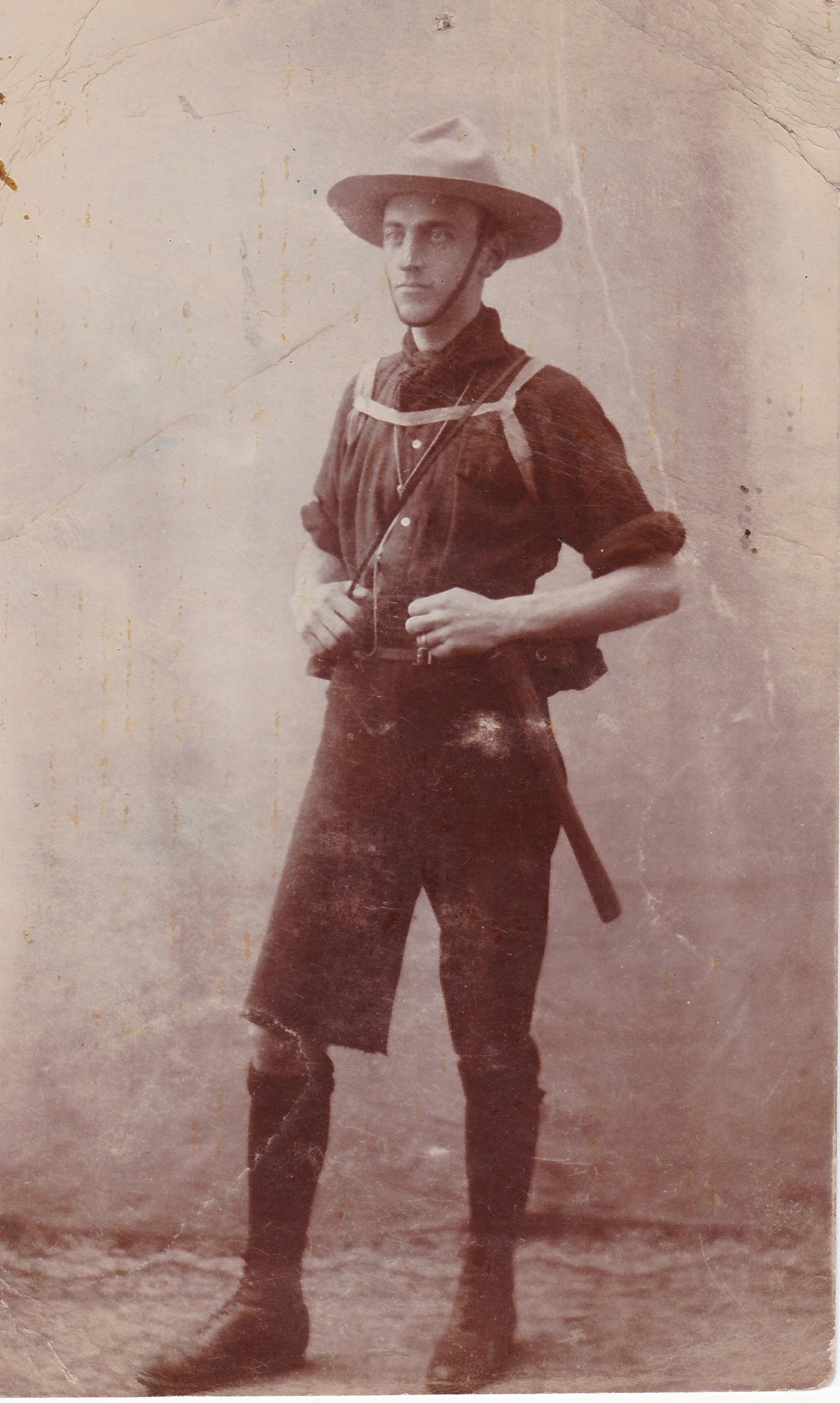 Fred Lewis in his Pioneer Scouts uniform, circa 1907. Real photo postcard by Frank Packer. Author's own collection.