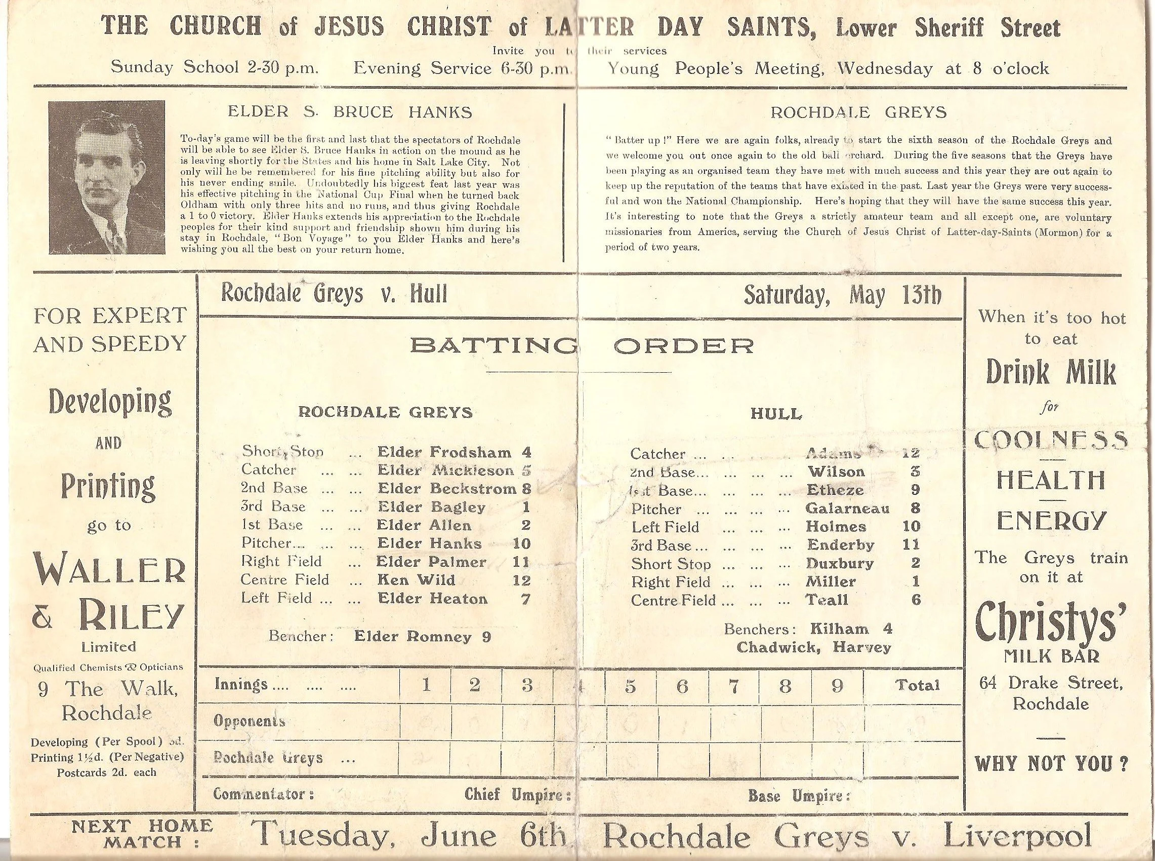 Advertisement for the LDS, Rochdale Greys baseball programme. Image courtesy of Project COBB.