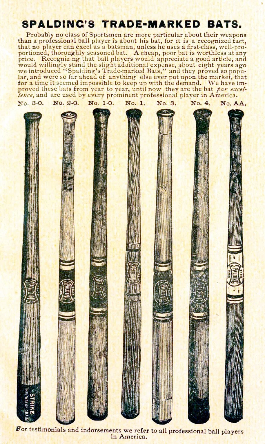 Advertisement for Spalding baseball bats, circa 1889. Public domain.