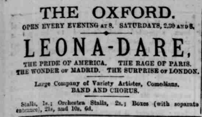 Leona Dare, the pride of America, the rage of Paris, the wonder of Madrid, and the surprise of London. Echo (London), 13 January 1879. Image created by the British Library Board. No known copyright holder.