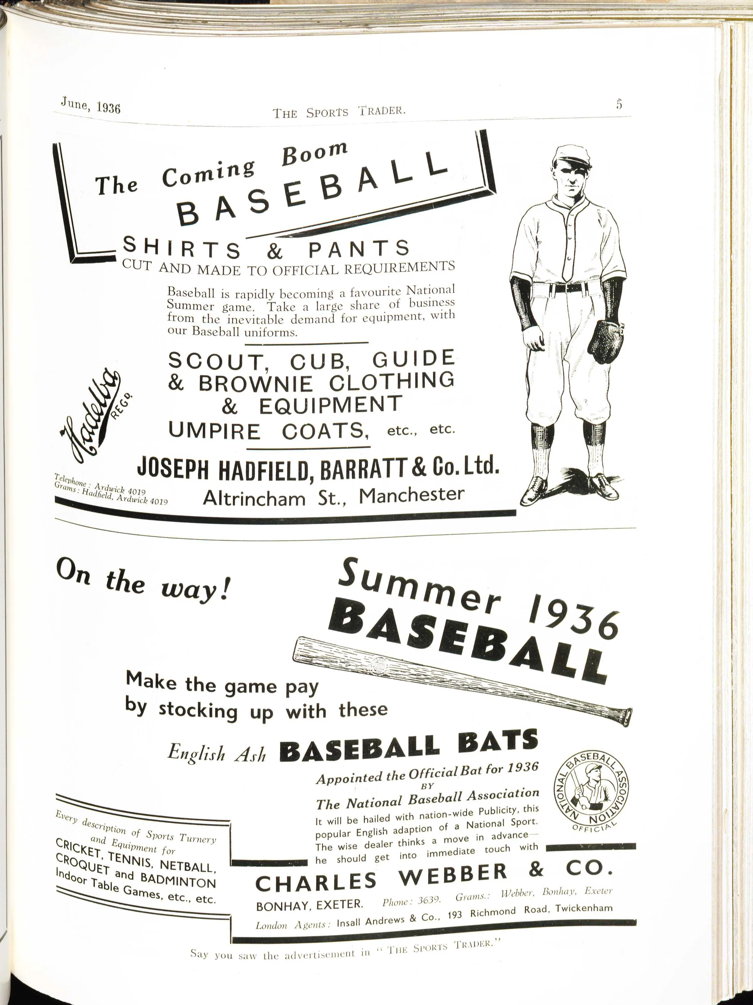 Joseph, Hadfield, Barratt & Co, and Charles Webbers & Co, The Sports Trader, June 1936. British Library. Author's own scan.