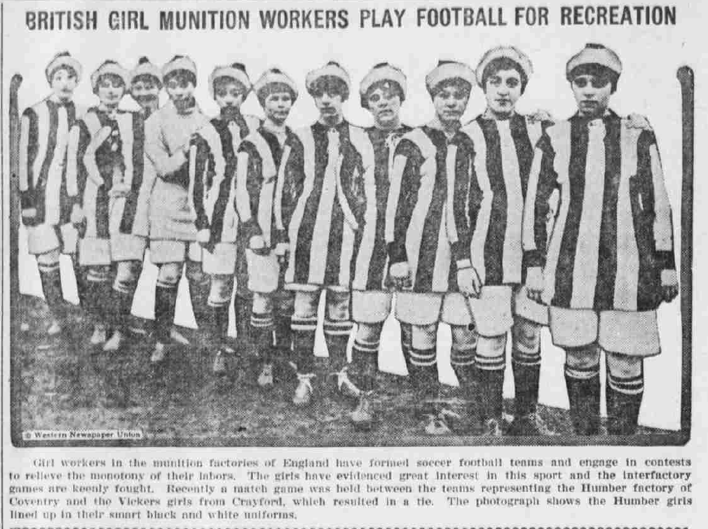 Women's Footballers, England, World War One. Semi-weekly Tribune, 29 March 1918. Image courtesy of the Library of Congress.