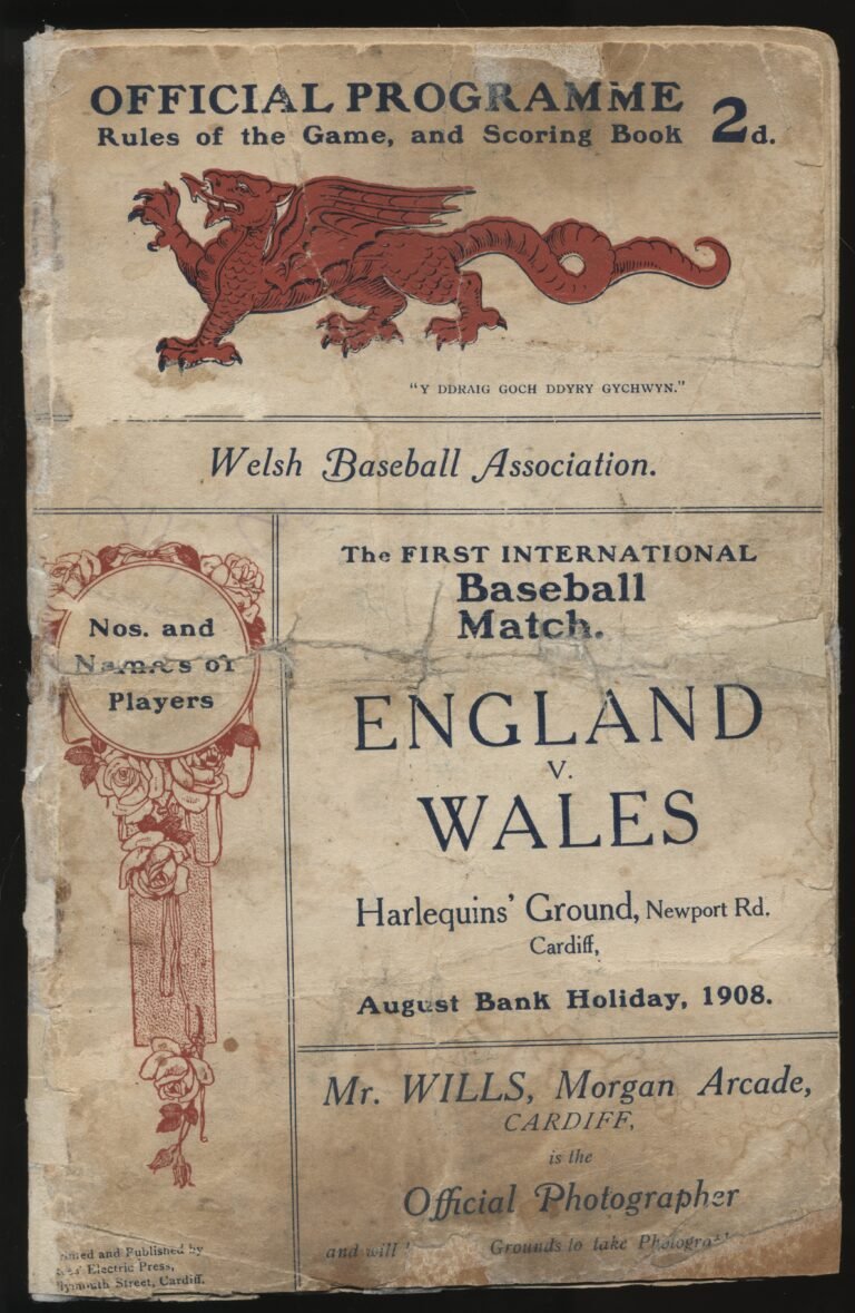 Programme, England v Wales Baseball International, 3 August 1908. Cardhawk UK listing. Copyright undetermined.