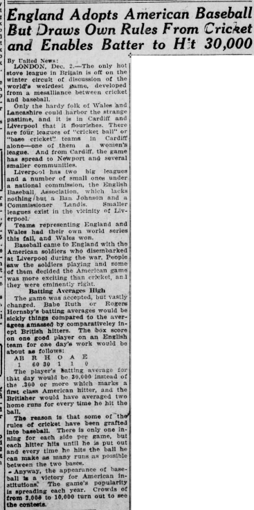 American baseball statistics applied to the English and Welsh game. South Bend news-times, 3 December 1925. Image courtesy of the Library of Congress. Public domain.