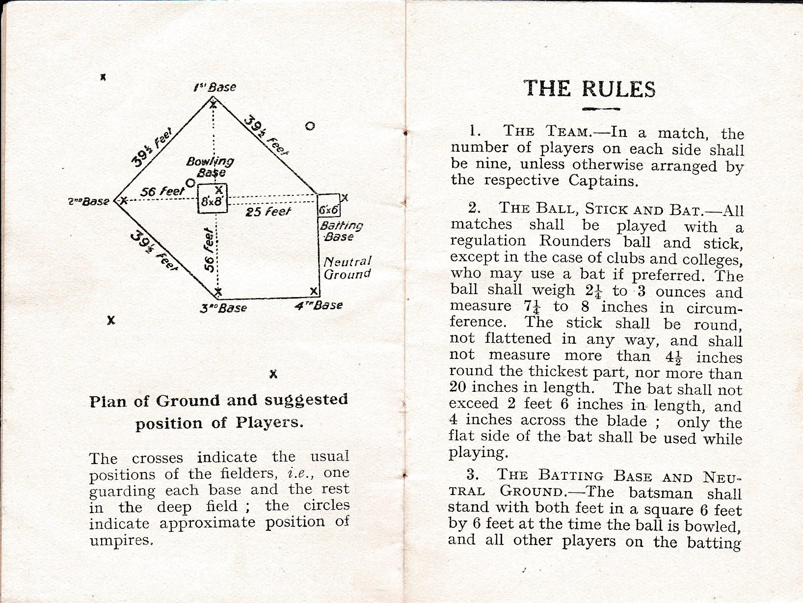 Layout and early rules for the modern game of rounders, aimed at school-age girls. The Ling Rules of the Game of Rounders, 1930 edition. Author's own collection.