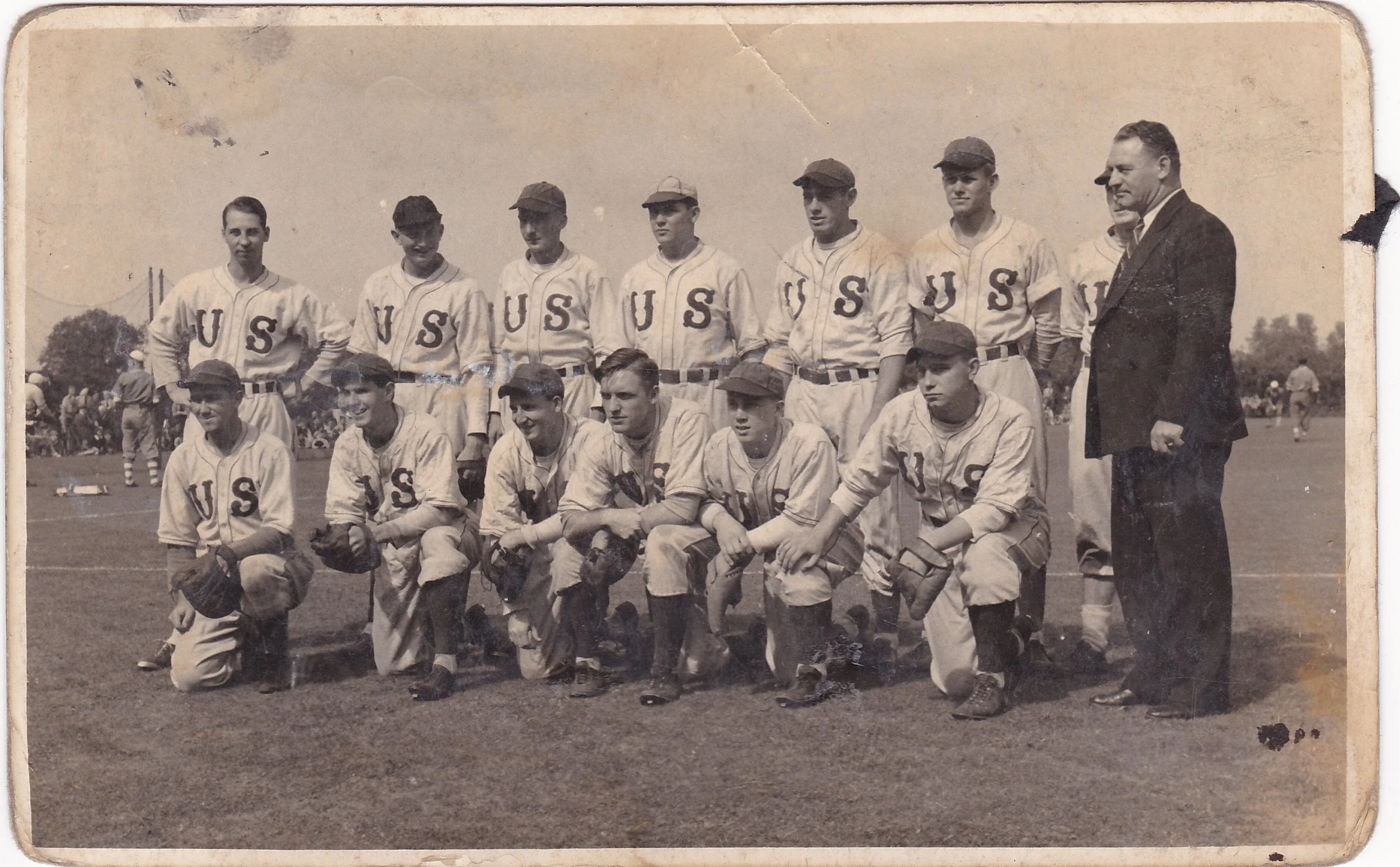 Team USA baseball team at RAF Halton, Bucks, 24 August 1938. Postcard. Author's own collection.