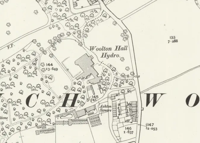 Woolton Hall Hydro, just outside Liverpool; site of the 16 July 1910 game that included Mormon missionary D. Ray Shurtliff. Ordnance survey map accessed at Library of Scotland.