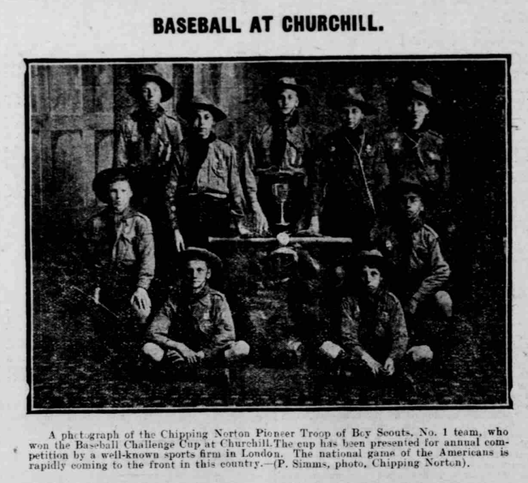 Boy Scout baseball team, first winners of the Chipping Norton Baseball Cup. Oxford Journal, 19 June 1918. Image created by British Library Board. Public domain.