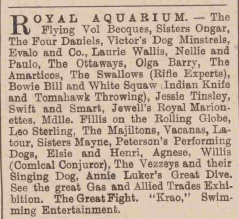 The Swallows (Rifle Experts) and Bowie Bill and White Squaw (Indian Knife and Tomahawk Throwing). Music Hall and Theatre Review, 5 January 1900. Image created by British Library Board. No known copyright holder.
