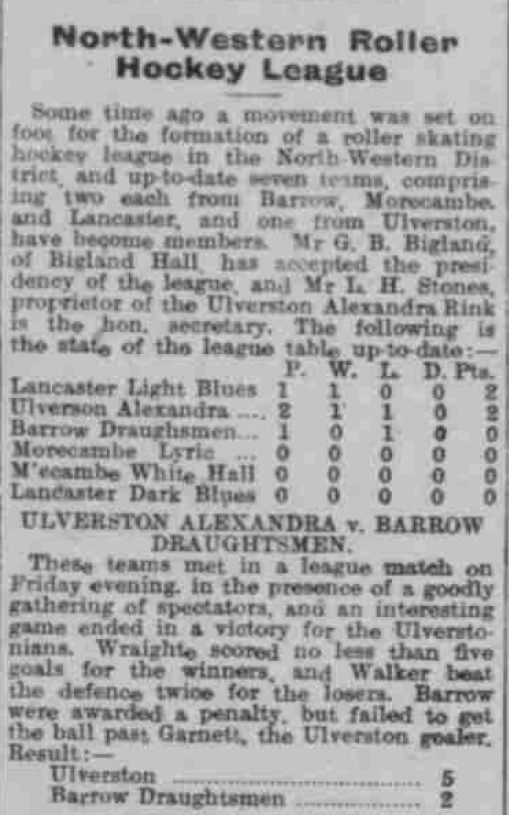 League table, North-Western Roller Hockey League. Barrow-in-Furness Herald, 15 February 1910. Image created by the British Library Board. No known copyright holder.