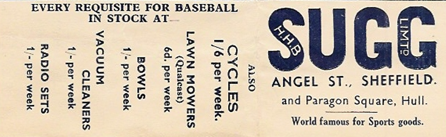 H.H.B Sugg Ltd, baseball game programme, Sheffield Dons v York City Maroons, June 1937. Image created by Project COBB. Public domain.