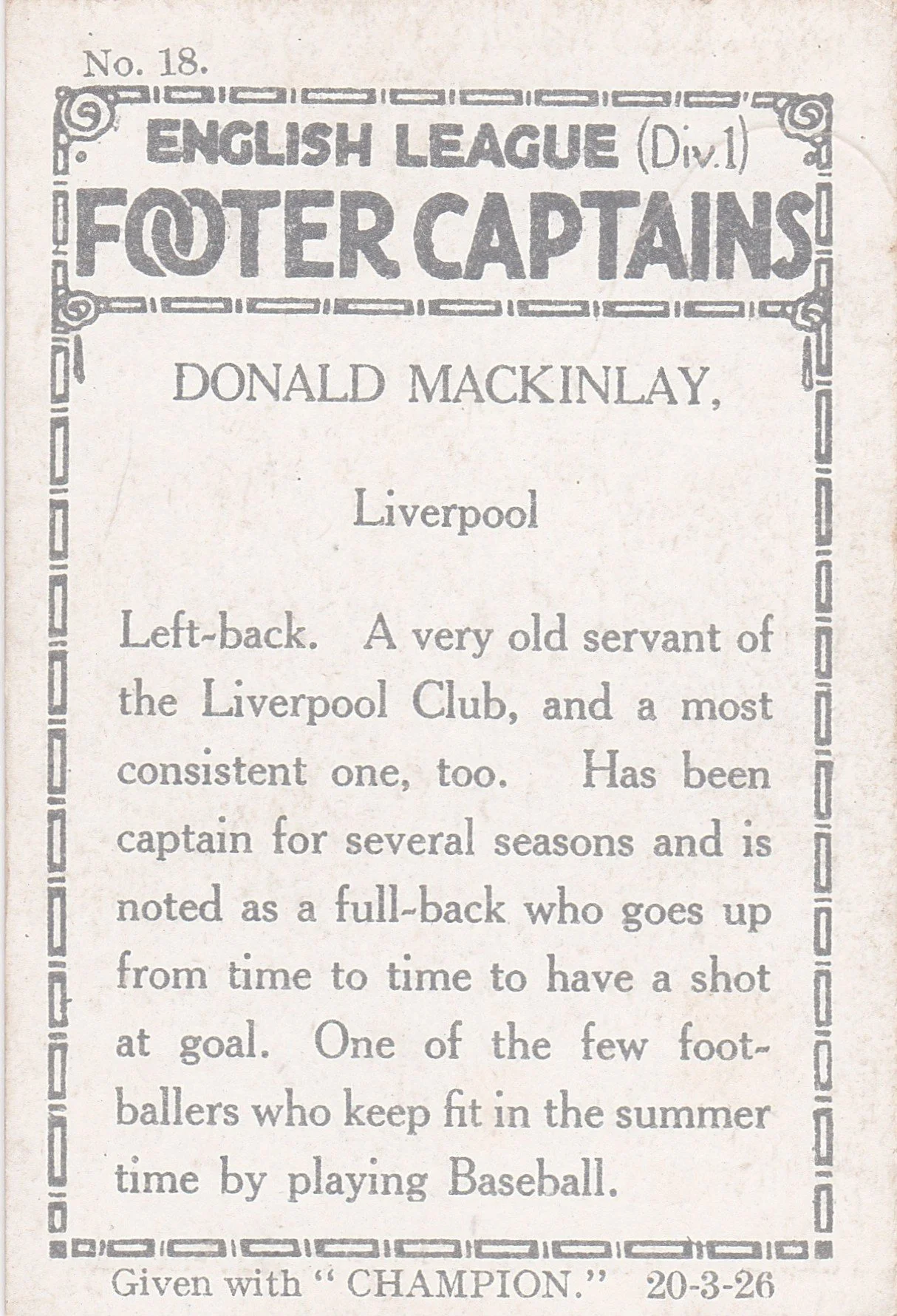 Donald McKinlay, Liverpool FC footballer and player of English Baseball. Trade card, author's own collection.