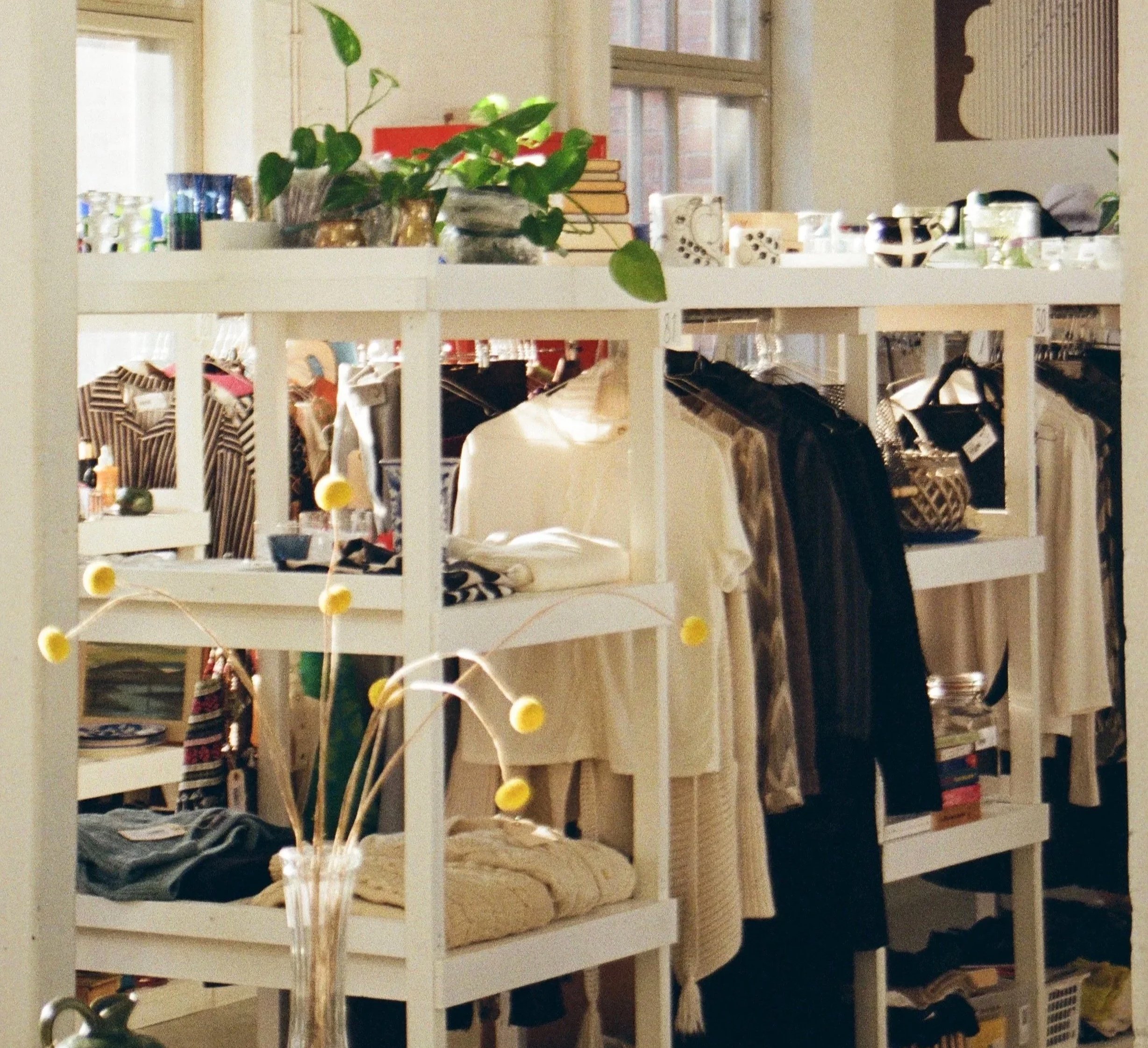 Tilan sisustus, jossa on vaatteita, kasvi ja erilaisia esineitä, kuten kirjoja ja astioita, hyllyissä ja pöydillä