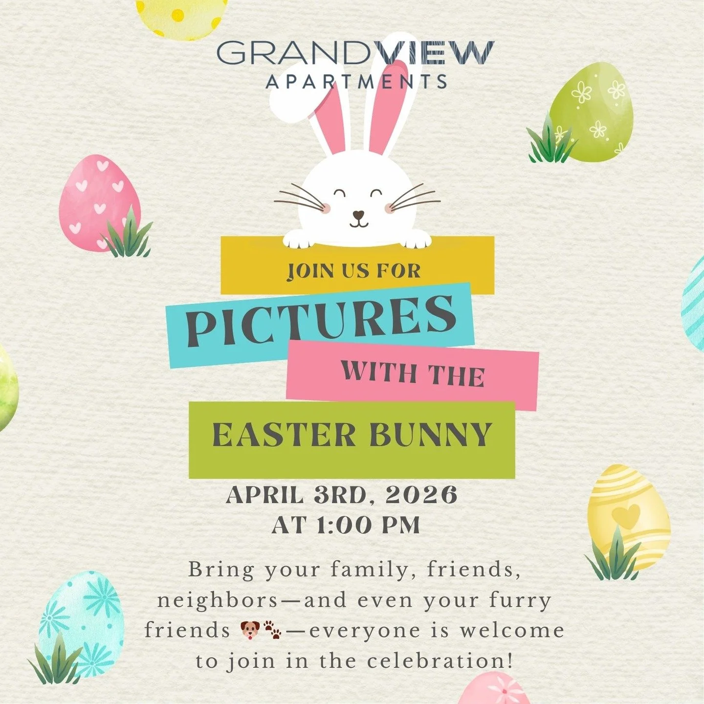 🐰🌸 You&rsquo;re Invited to an Egg-stra Special Easter Celebration! Located in the Clubhouse!

🌸🐰 Join us for a joyful visit with the Easter Bunny and a day full of smiles, laughter, and springtime fun! 🐣✨
Bring your family, friends, neighbors&md