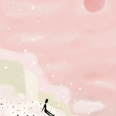 Drawing of a small character in black standing on a hill under a pink sky with clouds and a large sun or moon.