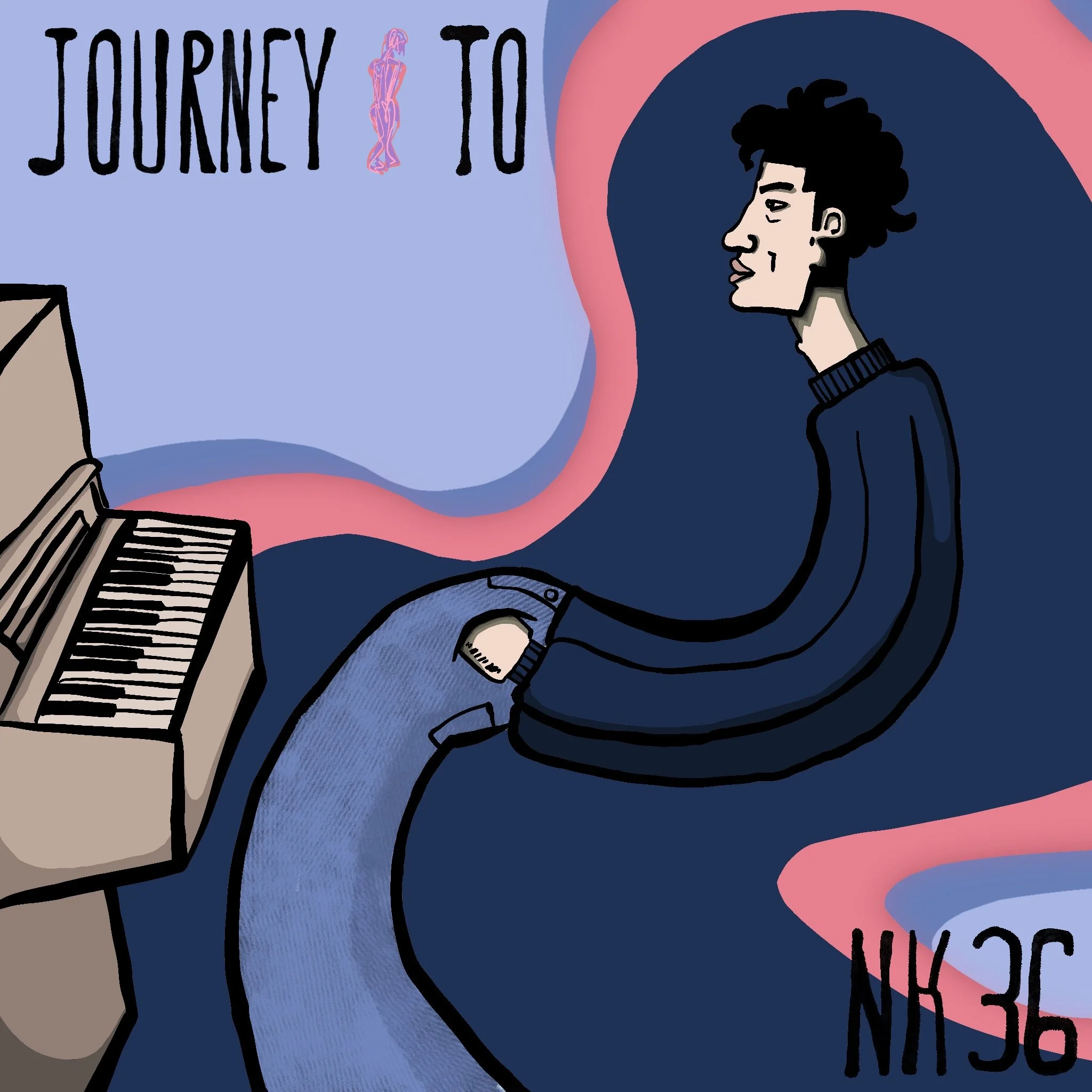 A digital illustration featuring a person with curly black hair and a navy blue sweater, looking at a computer monitor. The background has light blue and pink abstract shapes. Handwritten-style text says 'Journey to' with a glowing pink silhouette of a person within it. The keyboard is partially visible at the bottom left of the image.
